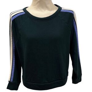 Lou & Grey XS Cropped Sweatshirt Dark Green Blue Stripe Sleeve Pullover LOFT